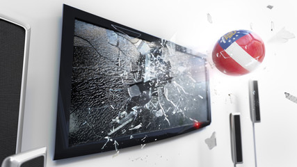 Soccer ball with the flag of Georgia kicked through a shattering tv screen.(3D rendering series)