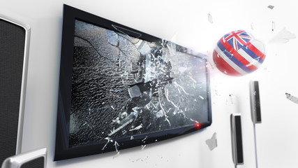 Soccer ball with the flag of Hawaii kicked through a shattering tv screen.(3D rendering series)