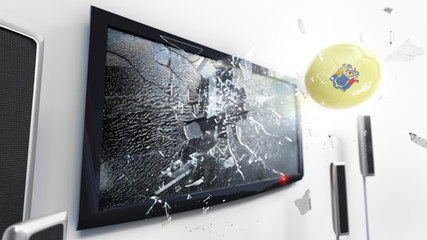 Soccer ball with the flag of New Jersey kicked through a shattering tv screen.(3D rendering series)