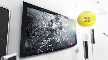 Soccer ball with the flag of New Mexico kicked through a shattering tv screen.(3D rendering series)