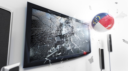 Soccer ball with the flag of North Carolina kicked through a shattering tv screen.(3D rendering series)