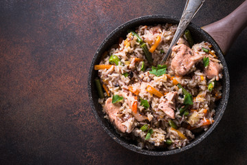 Pilaf with turkey meat and brown rice.