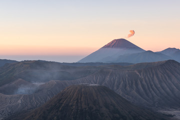 Mount Bromo volcano (Gunung Bromo) during colorful sunrise from viewpoint on Mount Penanjakan in Bromo Tengger Semeru National Park, East Java, Indonesia