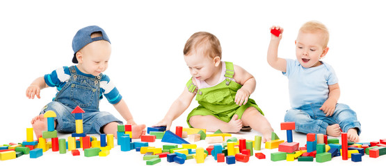 Children Play Blocks Toys, Kids Group Playing Colorful Building Bricks, Babies Isolated over White Background