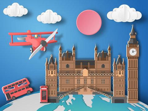 Paper art London, Britain infographic . Airplane flying to England.