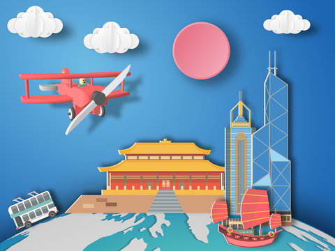 Paper art Hongkong, China infographic . Airplane flying to hongkong.