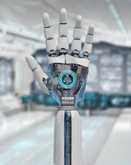 White cyborg opening his hand 3D rendering
