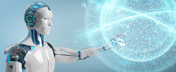 White male humanoid using digital global network 3D rendering