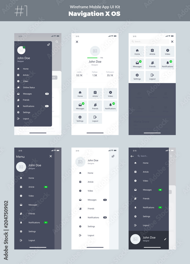 Sticker wireframe kit for mobile phone x. mobile app ui, ux design. new os navigation. menu screens: home, a