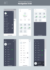 Wireframe kit for mobile phone X. Mobile App UI, UX design. New OS Navigation. Menu screens: home, article, video, messages, friends, notifications, settings, logout, search. - obrazy, fototapety, plakaty