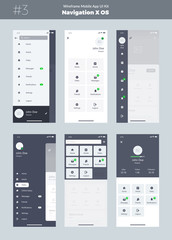 Wireframe kit for mobile phone X. Mobile App UI, UX design. New OS Navigation. Menu screens: home, article, video, messages, friends, notifications, settings, logout, search.