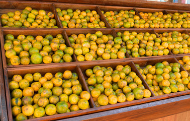 Many orange fruits are on the wooden boxes. Placed in the outdoor market.