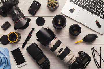 Diverse personal equipment for photographer - obrazy, fototapety, plakaty
