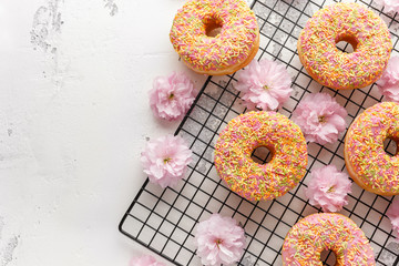 Sweet pink fresh Donut decorated with japanese Flowering Cherry Tree flower