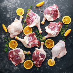 Free range duck legs seasoned with pepper, orange and herbs.