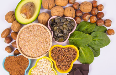 Products containing magnesium. Healthy food. White background.