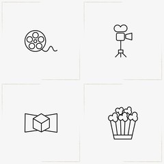 Cinema line icon set with video camera, cinema announce  and video film roll