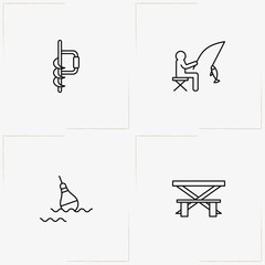Fishing line icon set with ice fishing drill , camping table  and float