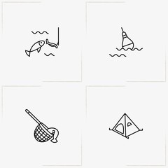 Fishing line icon set with float , bait for fish and camping tent