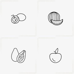 Berries And Fruits line icon set with watermelon, apple and coconut