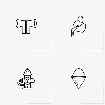Firefighter line icon set with fireplug , hatchet and bucket of water