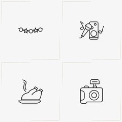 Birthday line icon set with turkey on plate, karaoke machine and photo camera