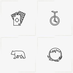 Circus line icon set with bear, fire circle and game cards