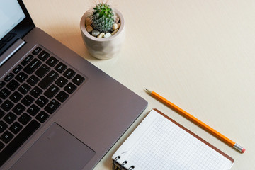 Working desk with laptop, notebook, pen and cactus