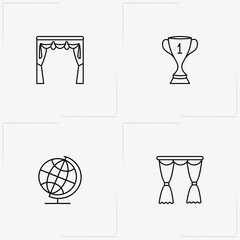 Decor line icon set with trophy, curtains and globe