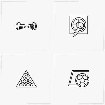 Entertaiment line icon set with two wheel scooter, karaoke and billiard balls