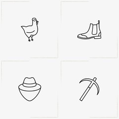 Farm line icon set with cock, scythe and farmer hat