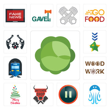 Set of cabbage, jellyfish, pause, butcher shop, merry christmas, woodwork, train station, military, revolver icons