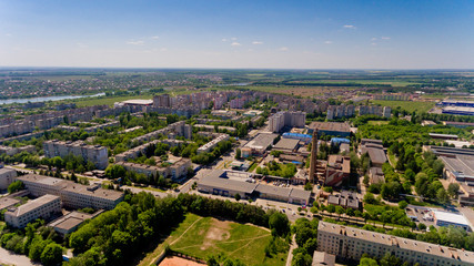 Aerial view of the city buildings in early spring.