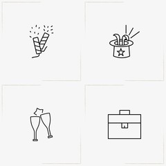 Birthday line icon set with rabbit in hat, firecracker and stemware