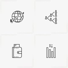 Economics line icon set with graphics, dollar currency raise  and society