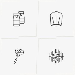 Barbecue line icon set with barbecue chicken wings, meat on spatula and salt and pepper