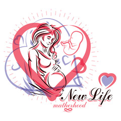 Vector hand-drawn illustration of pregnant elegant woman expecting baby, sketch. Obstetrics and gynecology clinic advertising banner