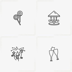 Carnival line icon set with carousel , stemware and firecracker