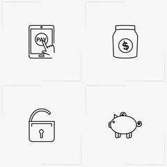 Ecommerce line icon set with lock, thrift box and money bag