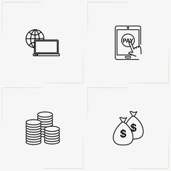 Banking line icon set with coins, money bag and mobile payment