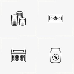 Banking line icon set with money bag, coins and money
