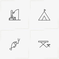 Fishing line icon set with camping table , camping tent  and fish on hook