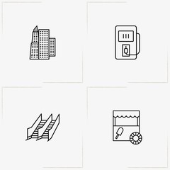 City Building line icon set with stall, petrol station  and escalator