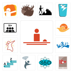 Set of hospitality, xxx, 360 degree, join us, vocabulary, earthquake, dab, book now, number players icons