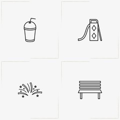 City Park line icon set with swing slide , juice cup and bench