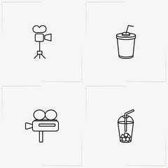 Cinema line icon set with video camera and juice cup