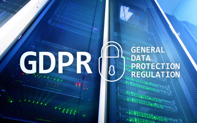 GDPR, General data protection regulation compliance. Server room background.