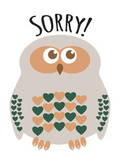 Owl cute character with hearts for feathers greeting card with text  