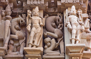 Bas-relief at famous ancient temple in Khajuraho, India