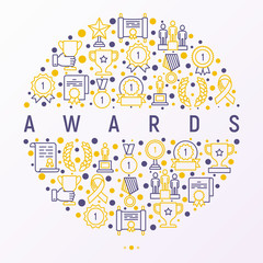 Awards concept in circle with thin line icons: trophy, medal, cup, star, statuette, ribbon. Modern vector illustration of prizes for competition. Template for print media, banner.